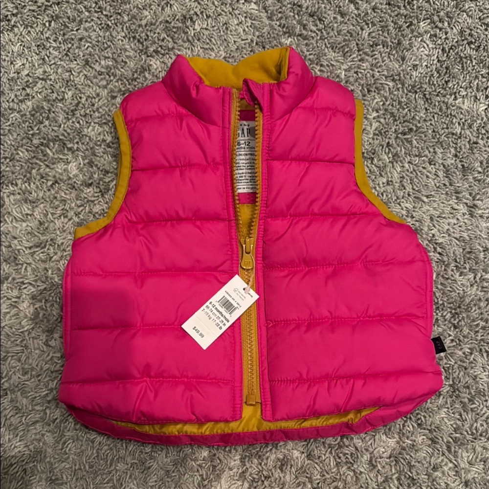 GAP Pink and Yellow Puffer Jacket Stand-Up Collar